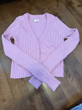 aerie Pink Ribbed V-Neck Button Cardigan